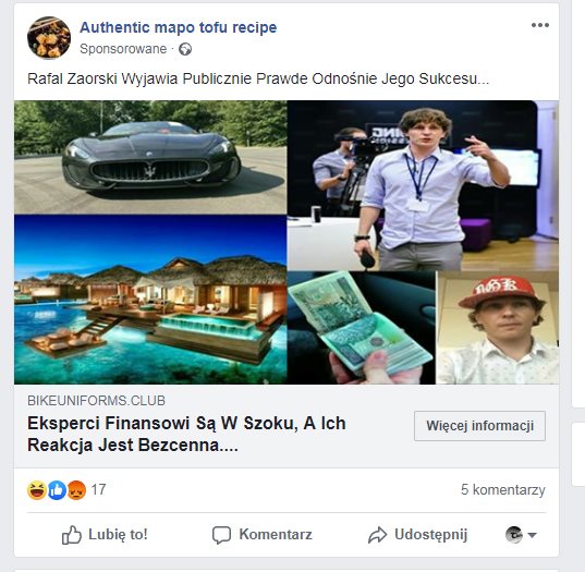 Nagłówek facebookowej reklamy: eksperci w szoku. W kolarzu zdjęć: Zaorski, pieniądze, luksusowy samochód i dom na rajskiej wyspie