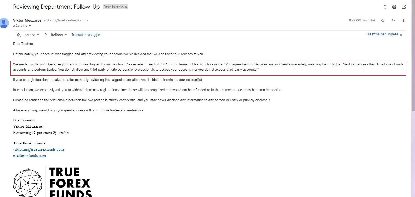 Mail informujący o zablokowaniu konta w True Forex Funds na podstawie zapisu o "udziale osób trzecich". Źródło: Reddit